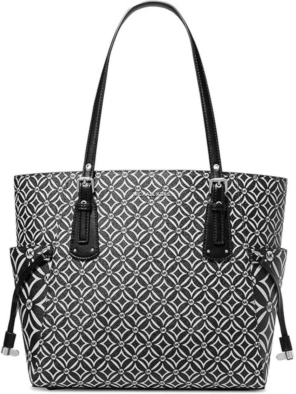 ᪥NWT Michael Kors Voyager East West Geo-Print Large Tote | Black White Silver᪥